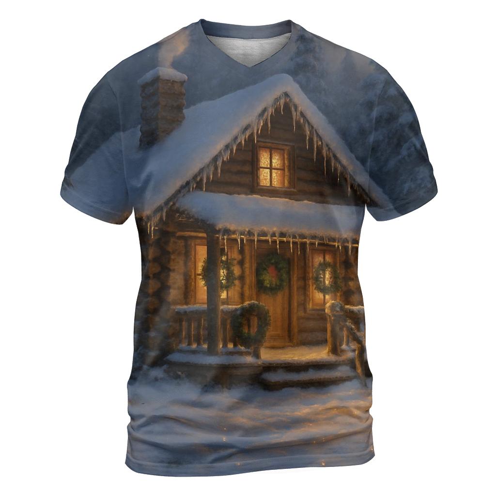 Winter Cabin Retreat vibrant all-over design tees