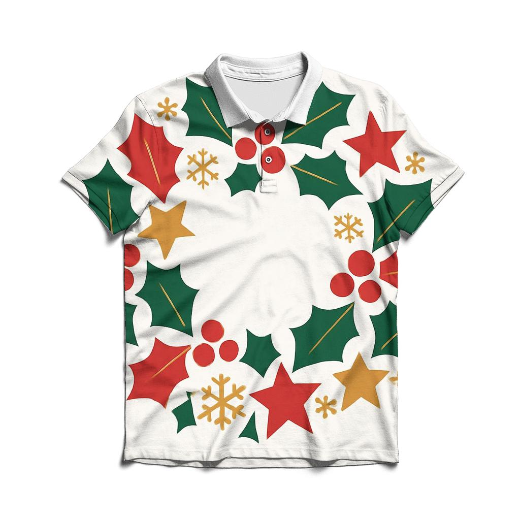 Geometric Holly Star Wreath embroidered polo tops
