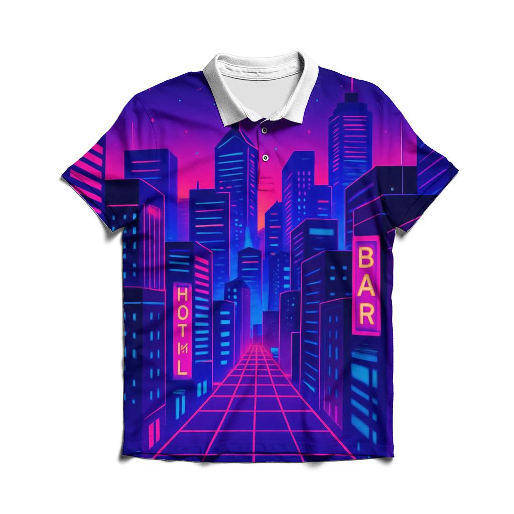 Digital Neon Cityscape premium cotton polo shirts