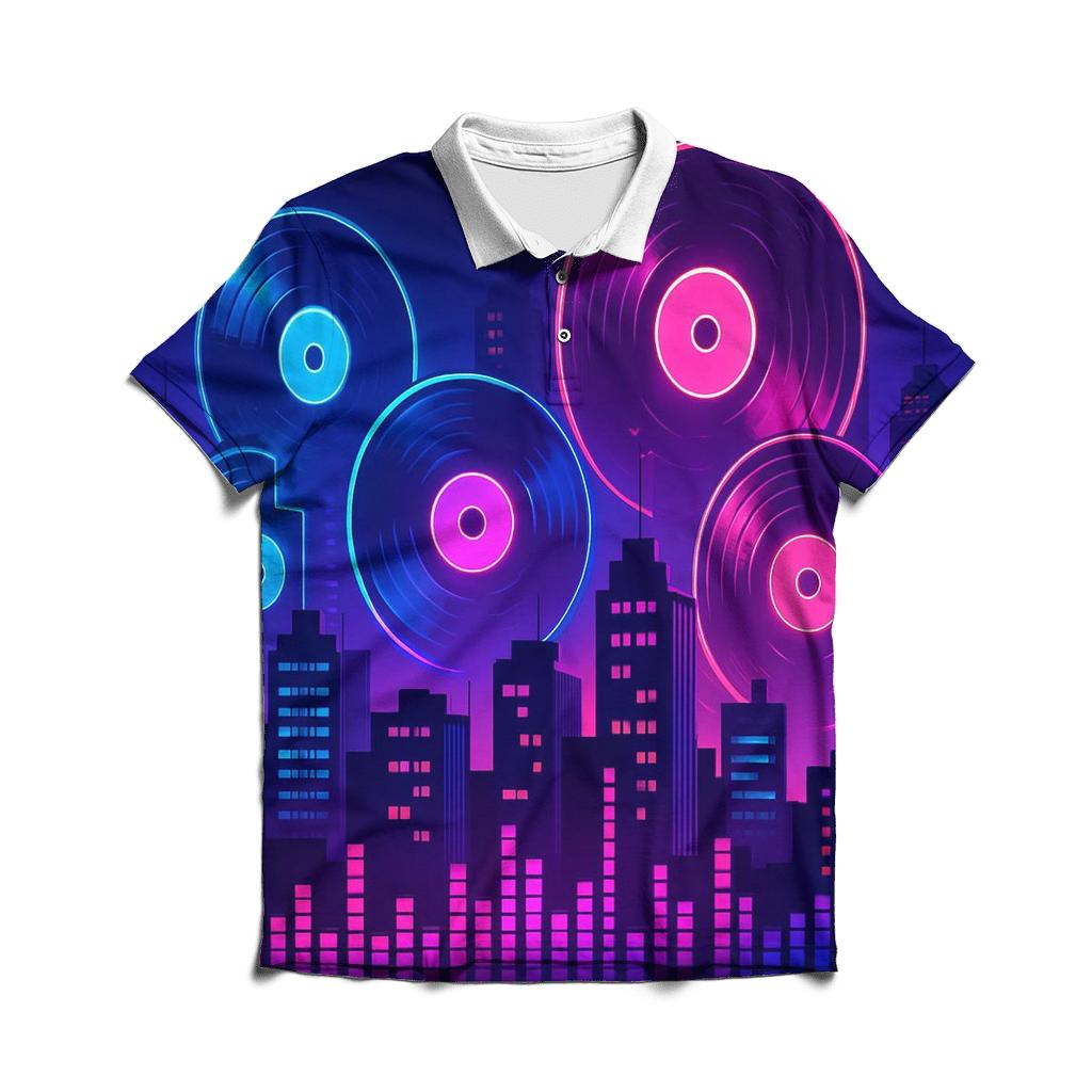 Retro Neon Vinyl Skyline stylish collar polo tees