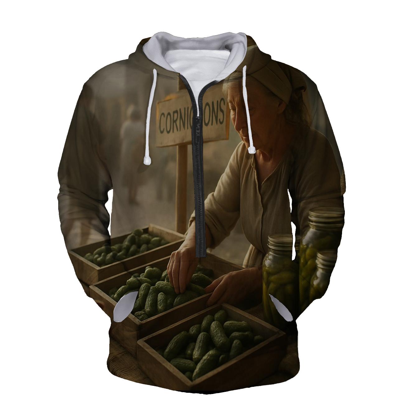 Vintage Cornichon Market Stall In Morning Light heavyweight hoodies