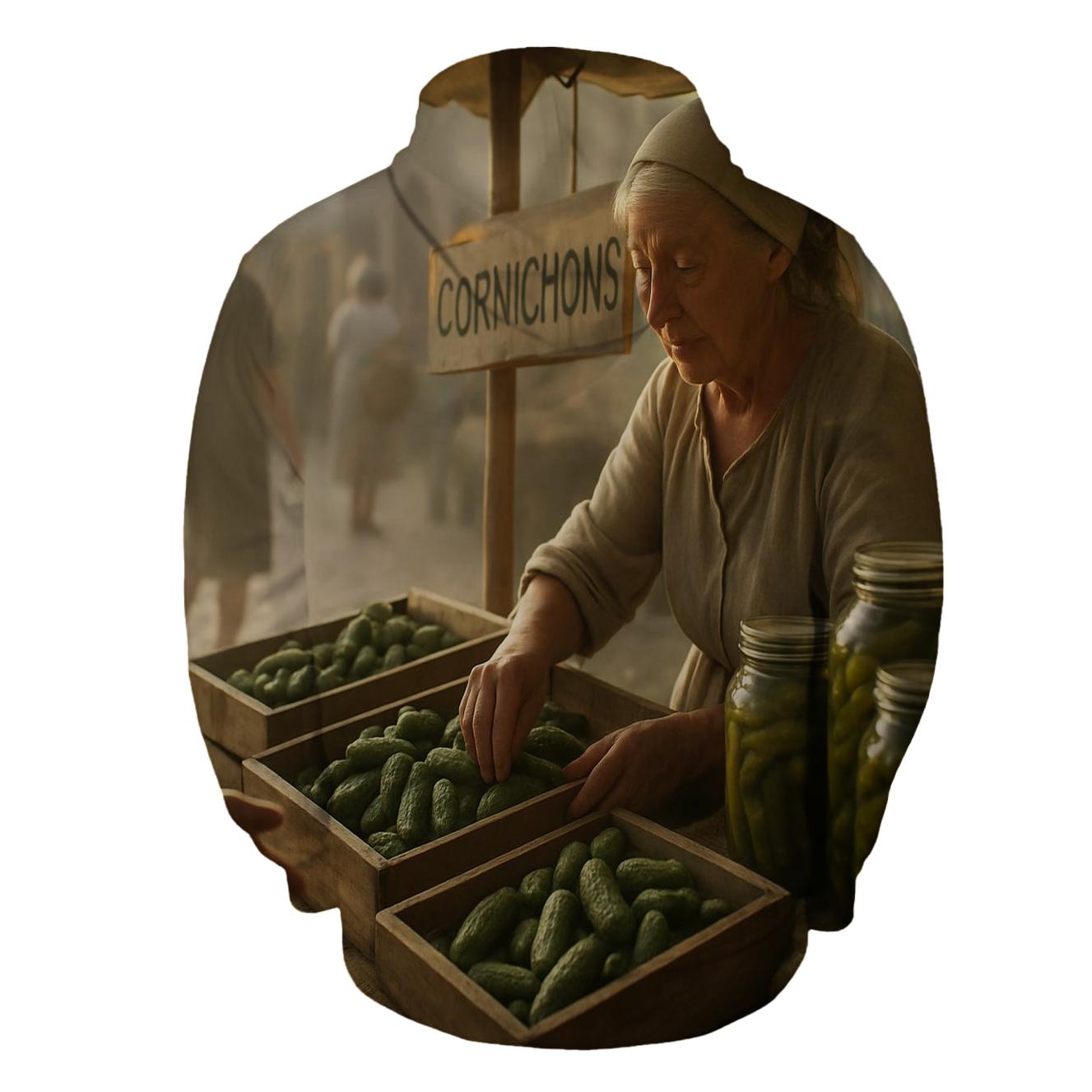 Vintage Cornichon Market Stall In Morning Light heavyweight hoodies
