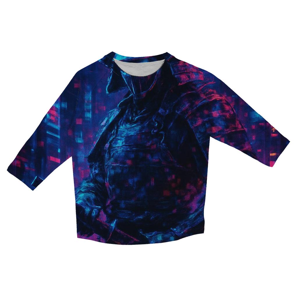Neon Cyber Samurai Glitch printed three quarter sleeve shirts