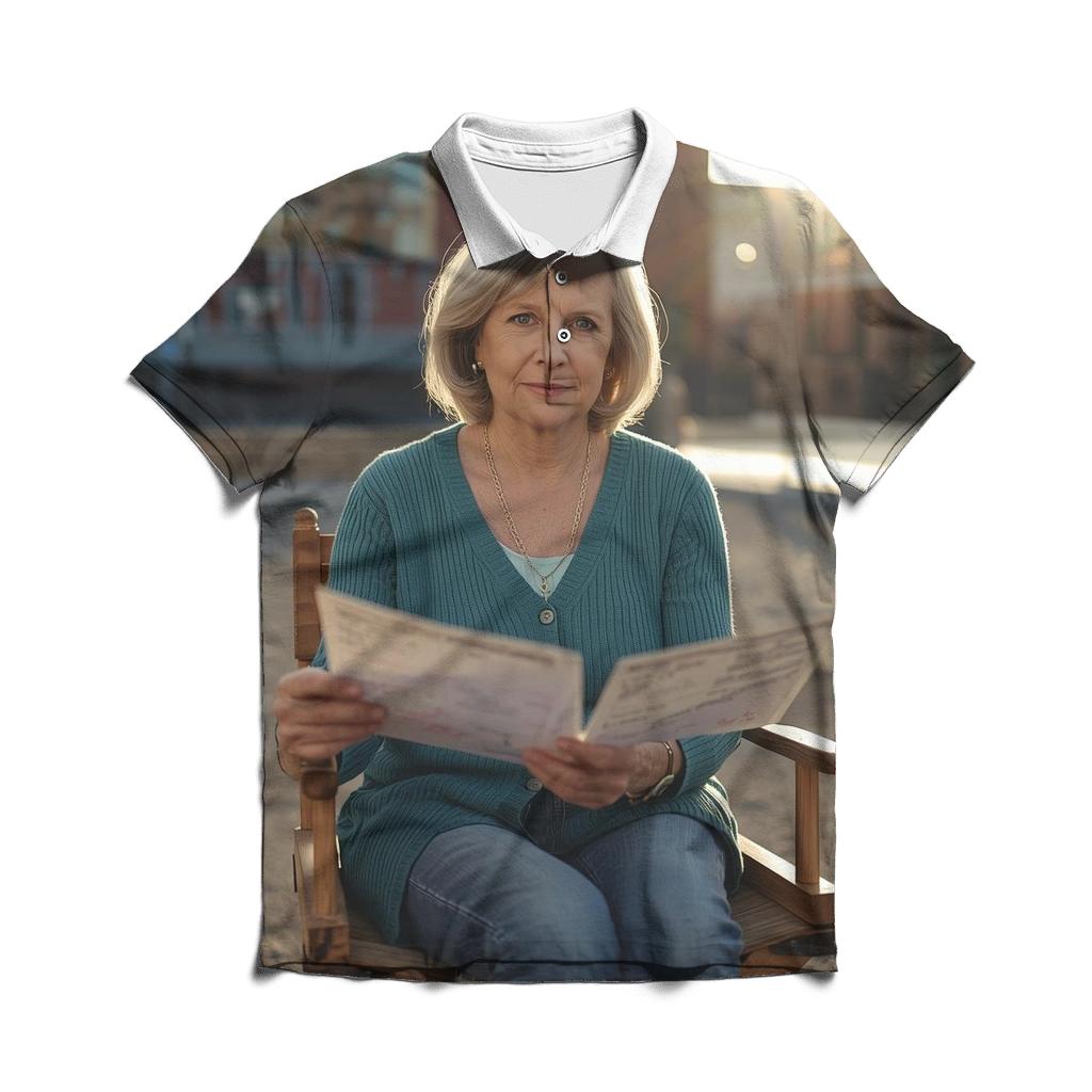 Polly Holliday On Sunlit Studio Backlot branded logo polo shirts