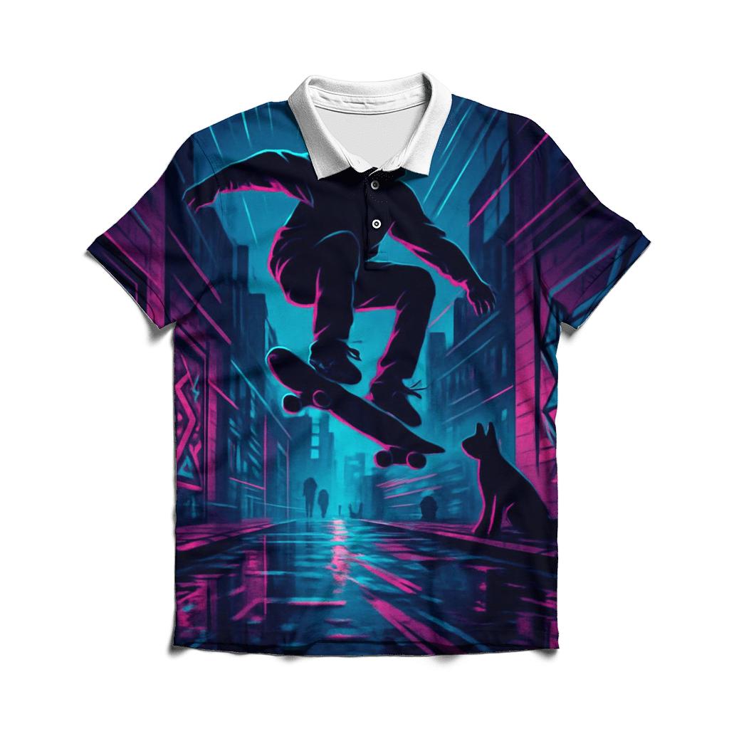 Neon Night Skateboarding Alley branded logo polo shirts