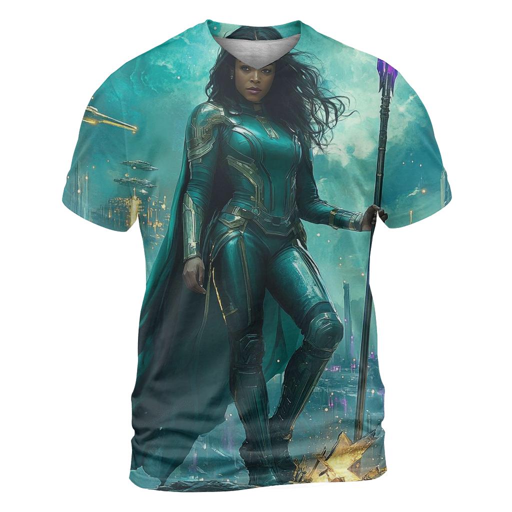 Tessa Thompson: Valkyries Reborn In Cosmic Steel designer pattern shirts