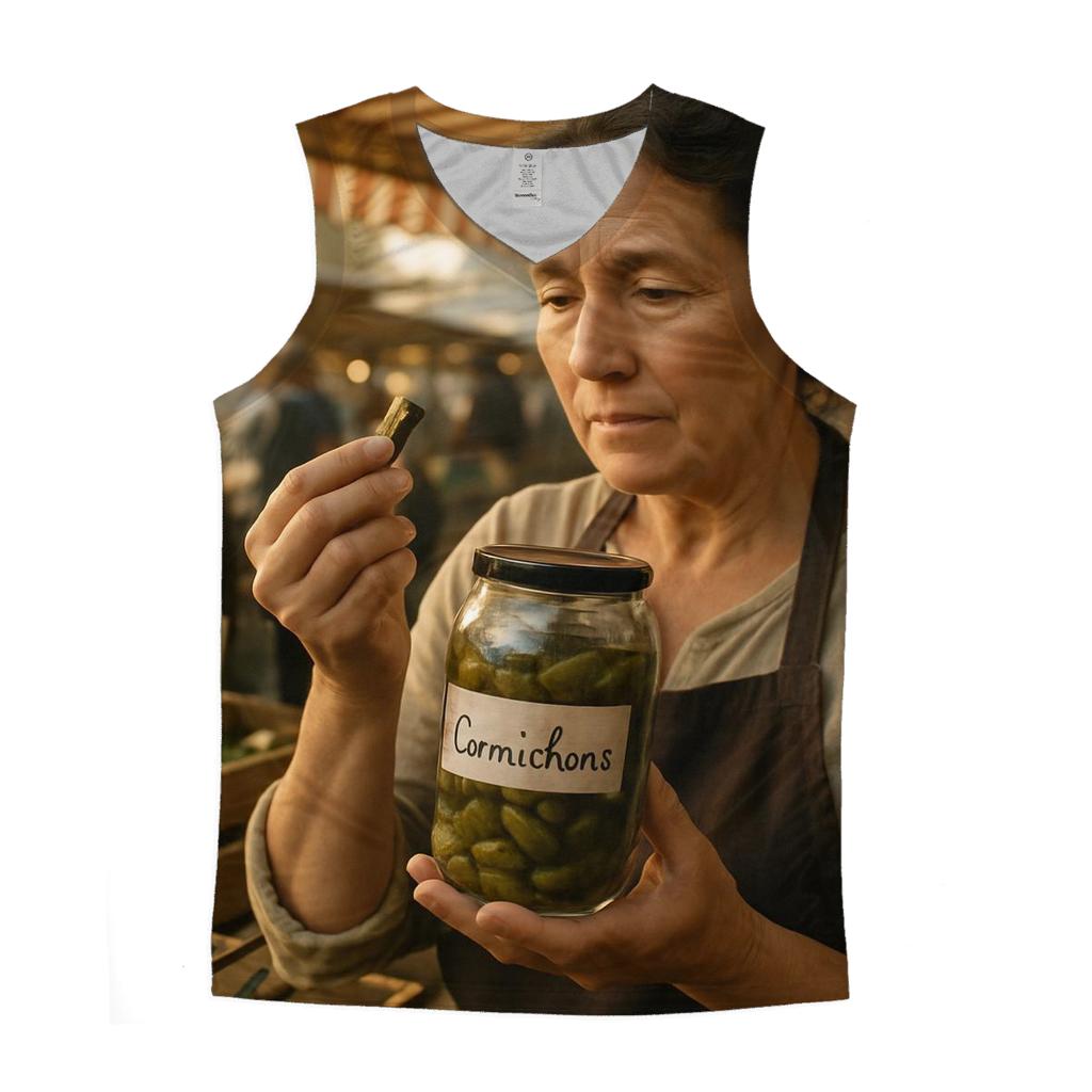 Market Seller With Cornichon Jar graphic print tank tops