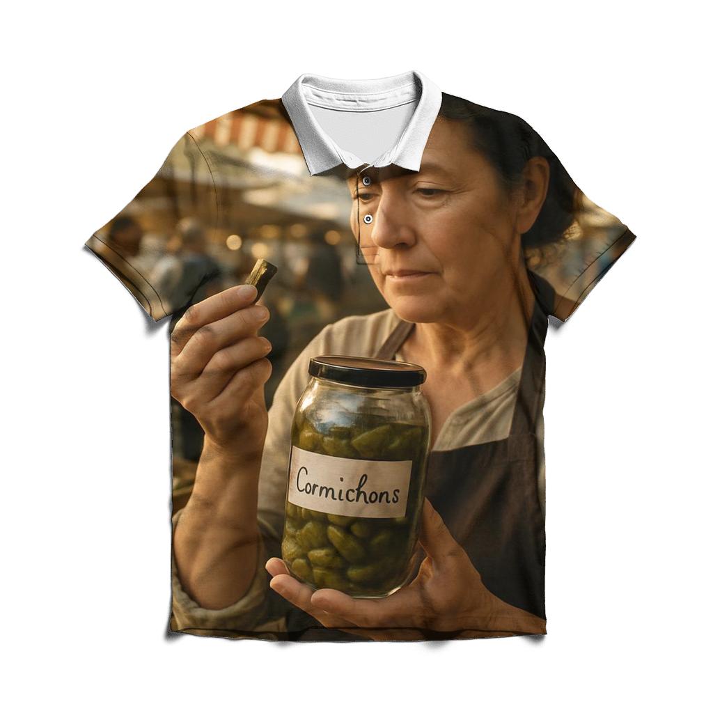 Market Seller With Cornichon Jar embroidered polo tops
