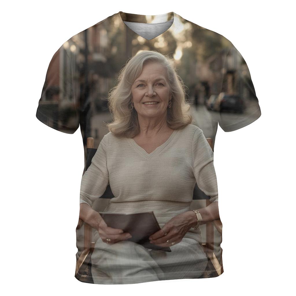 Polly Holliday On Set In Savannah artistic all-over print tops