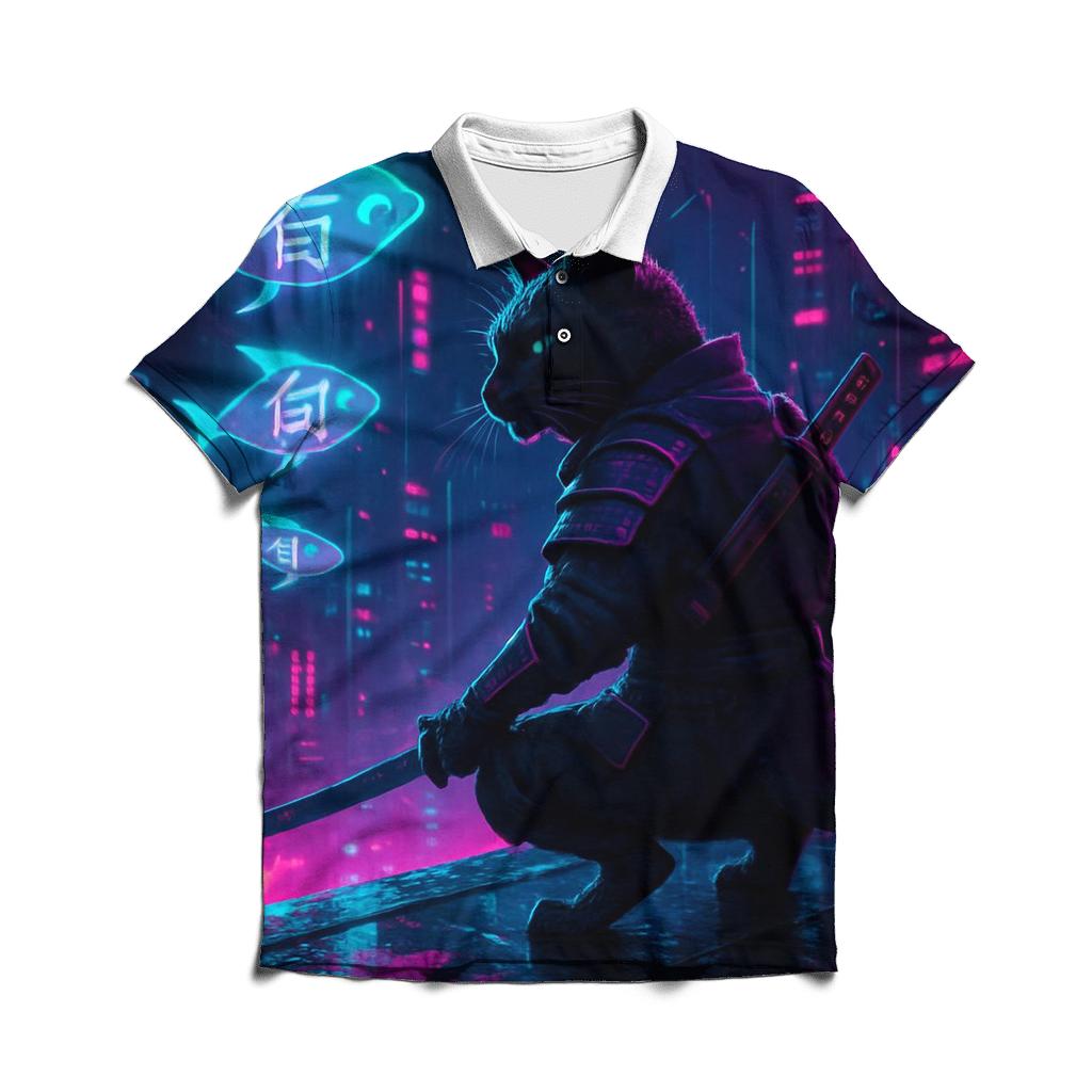 Neon Alley Samurai Cat embroidered polo tops