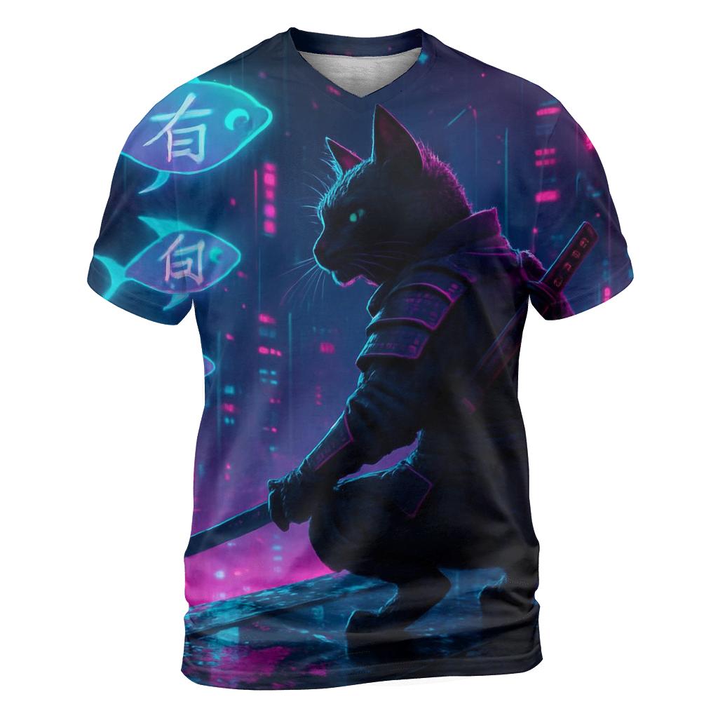 Neon Alley Samurai Cat vibrant all-over design tees