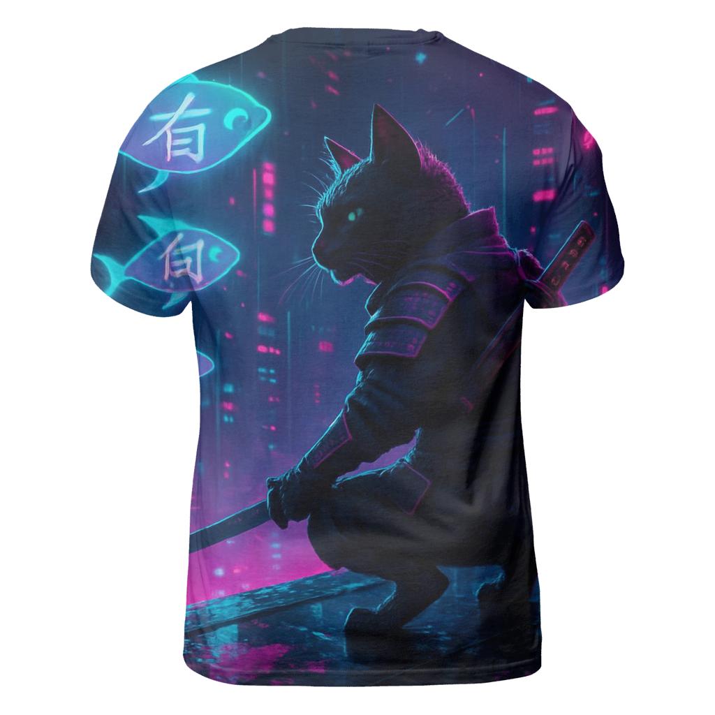 Neon Alley Samurai Cat vibrant all-over design tees