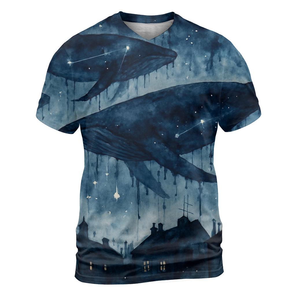 Random Ink Whale Parade vibrant all-over design tees