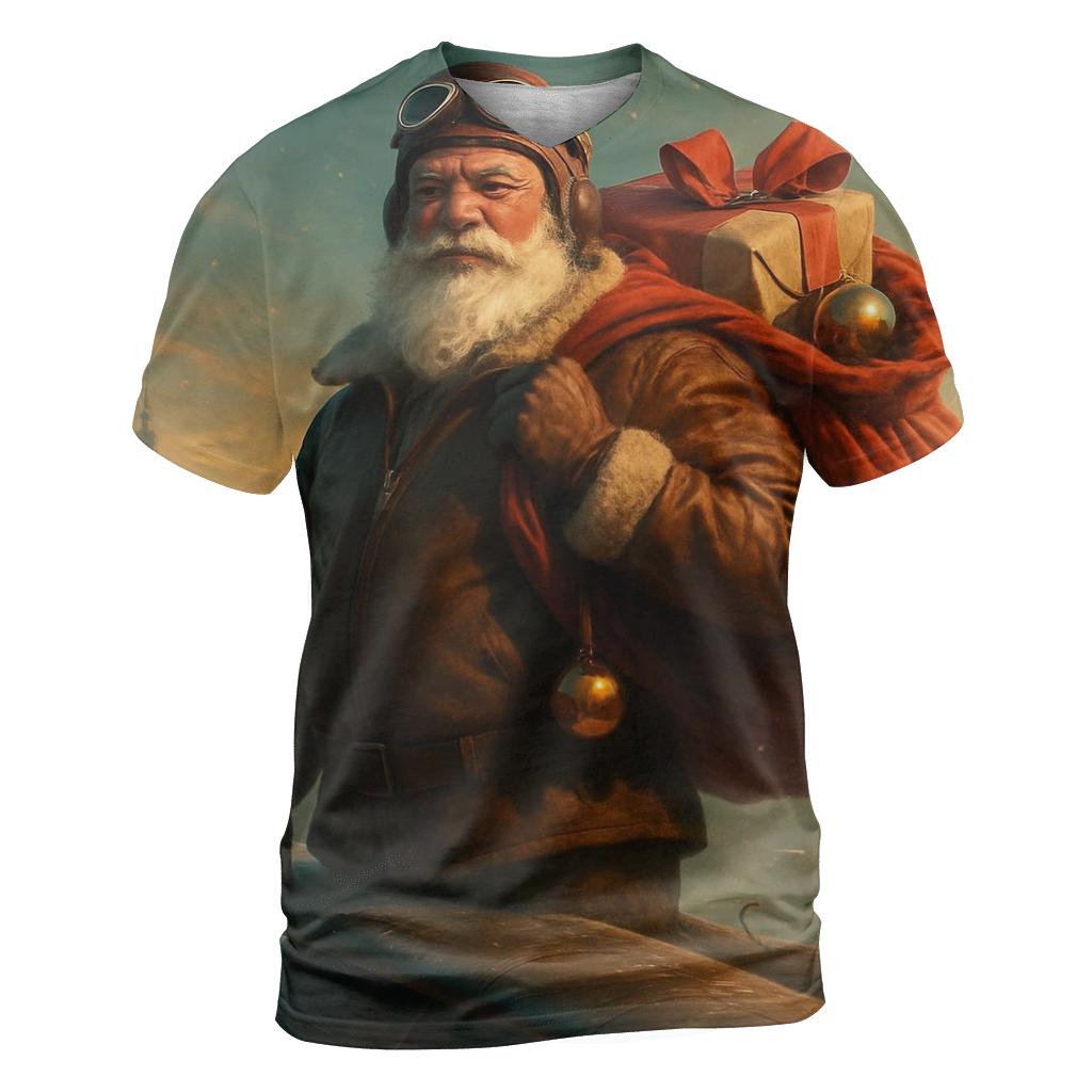 Vintage Pilot Santa Over Skyline artistic all-over print tops