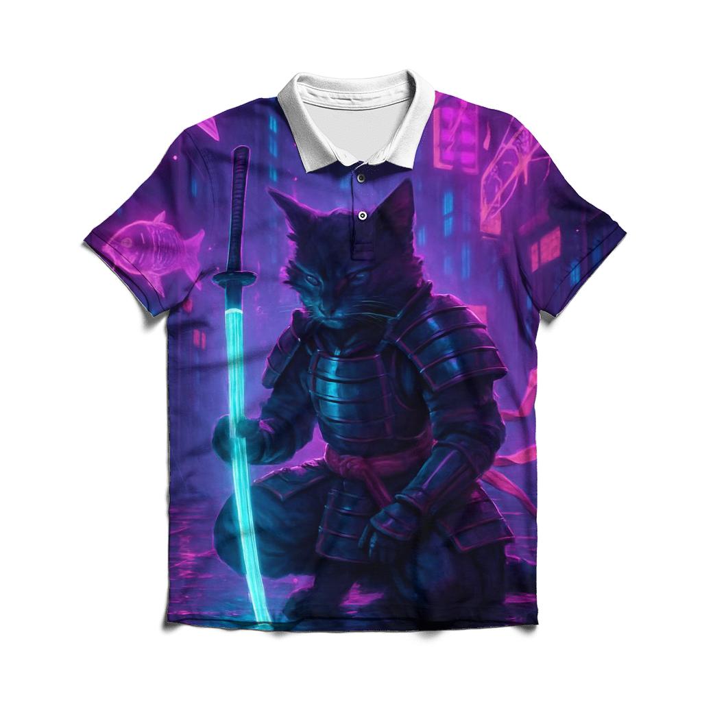 Neon Samurai Cat casual sports polo shirts