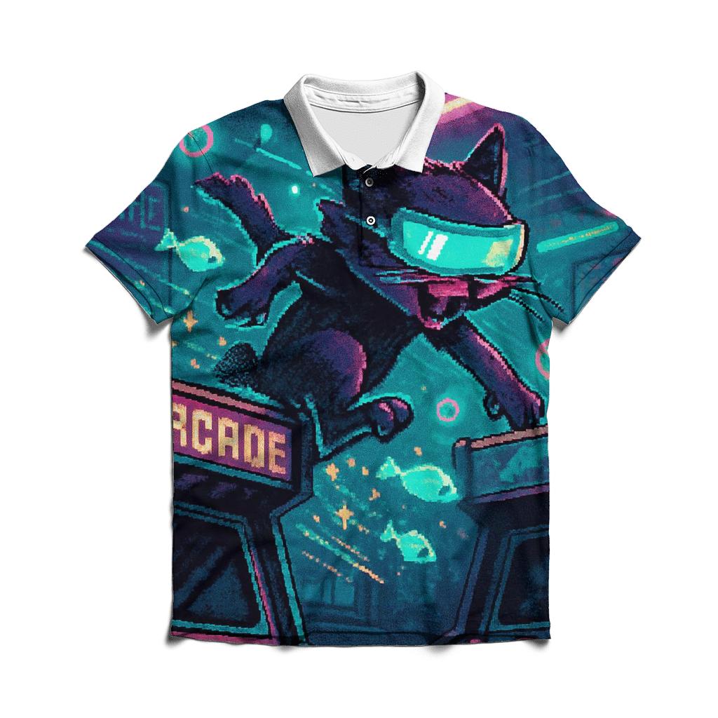 Retro Arcade Alley Cat stylish collar polo tees