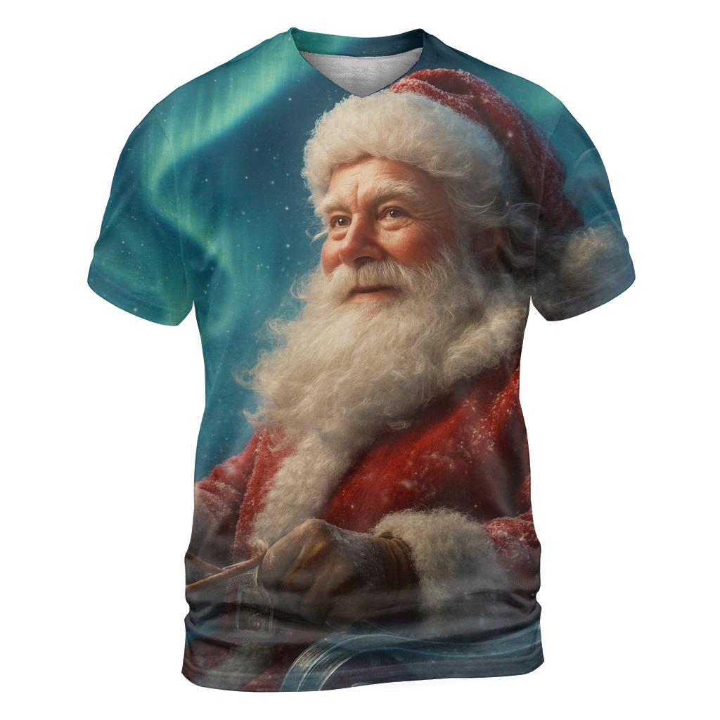 Aurora Sleighmaster Santa vibrant all-over design tees