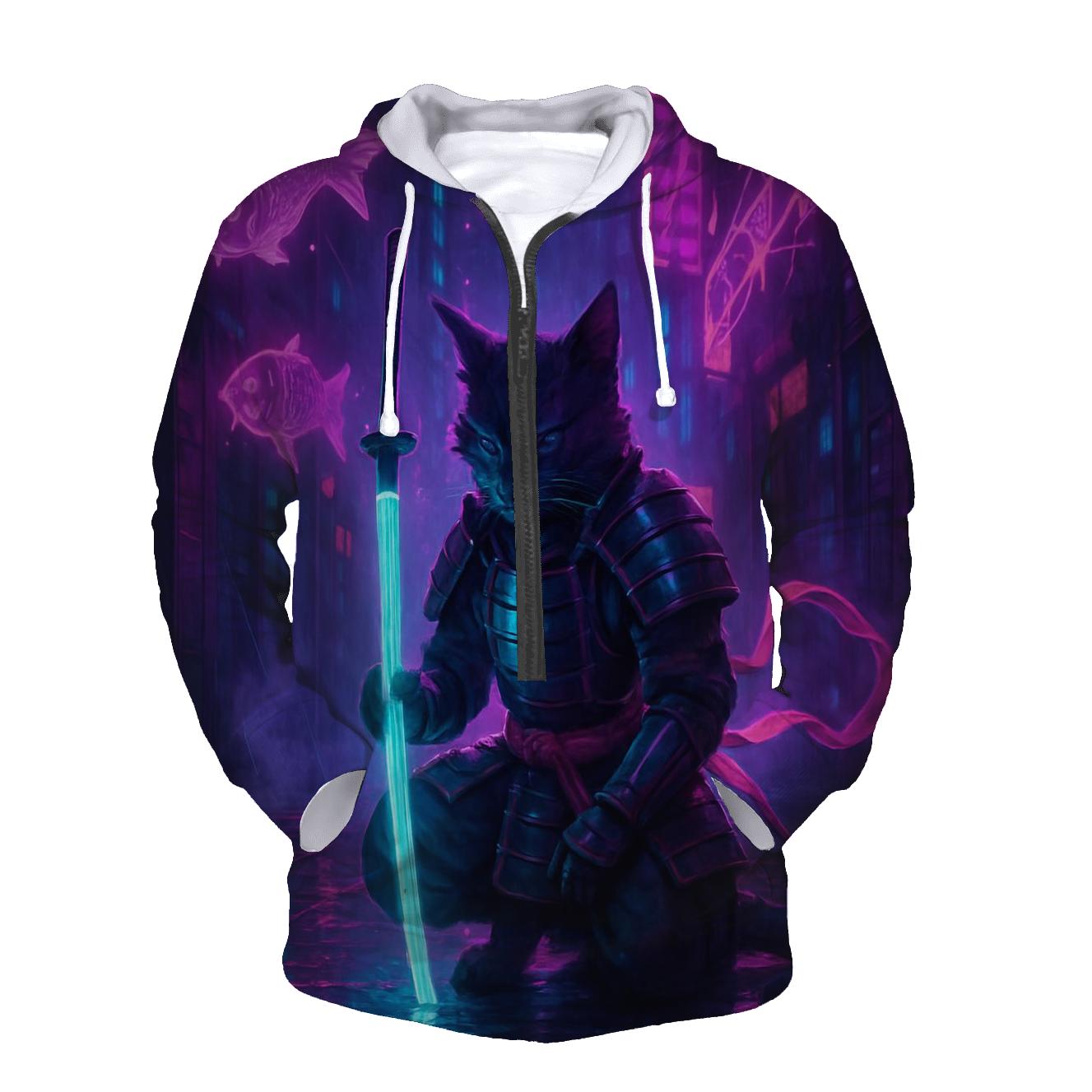 Neon Samurai Cat embroidered hoodies