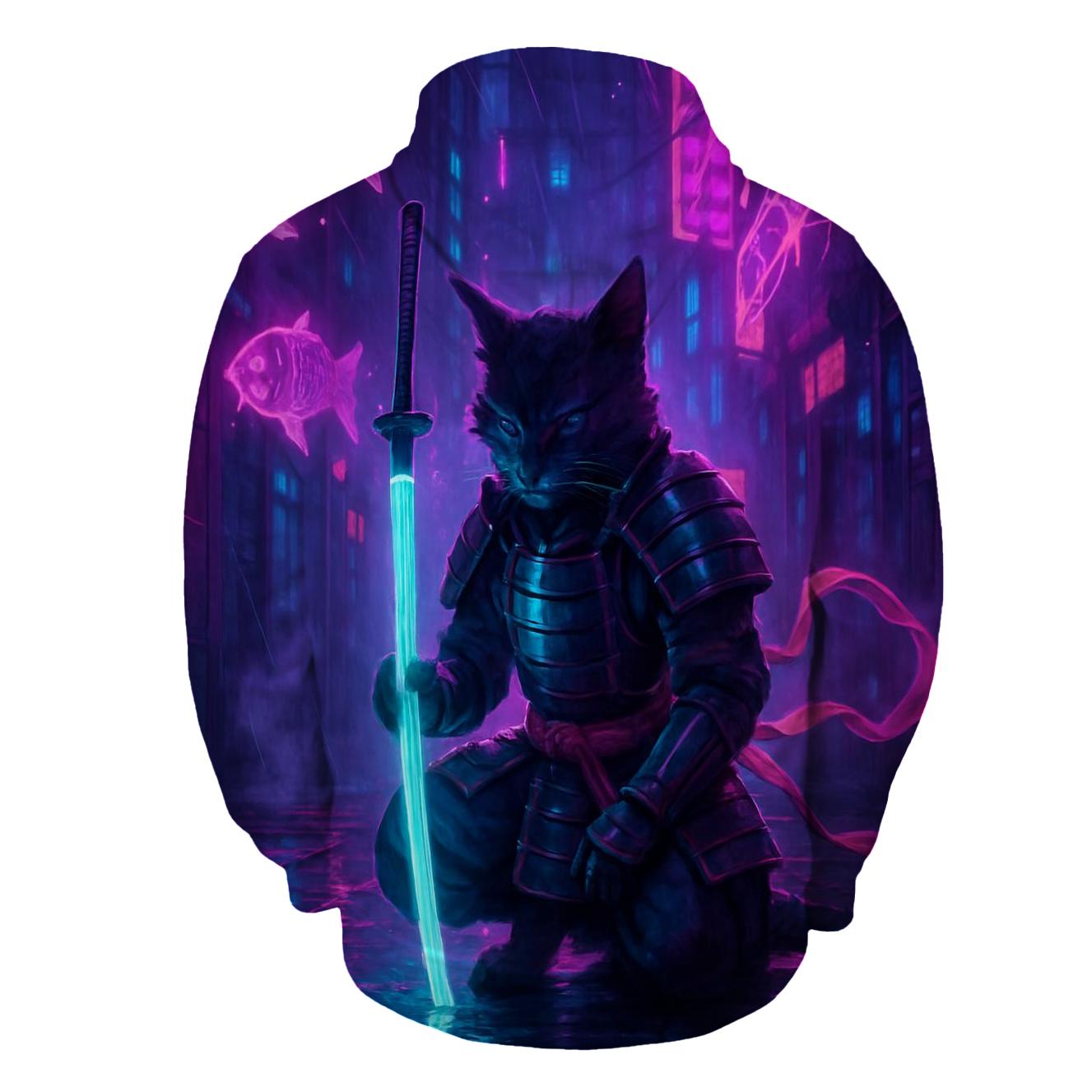 Neon Samurai Cat embroidered hoodies