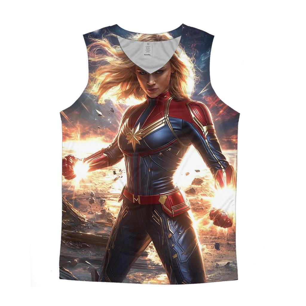 Brie Larson Cosmic Beacon Of Captain Marvels Stellar Resolve graphic print tank tops