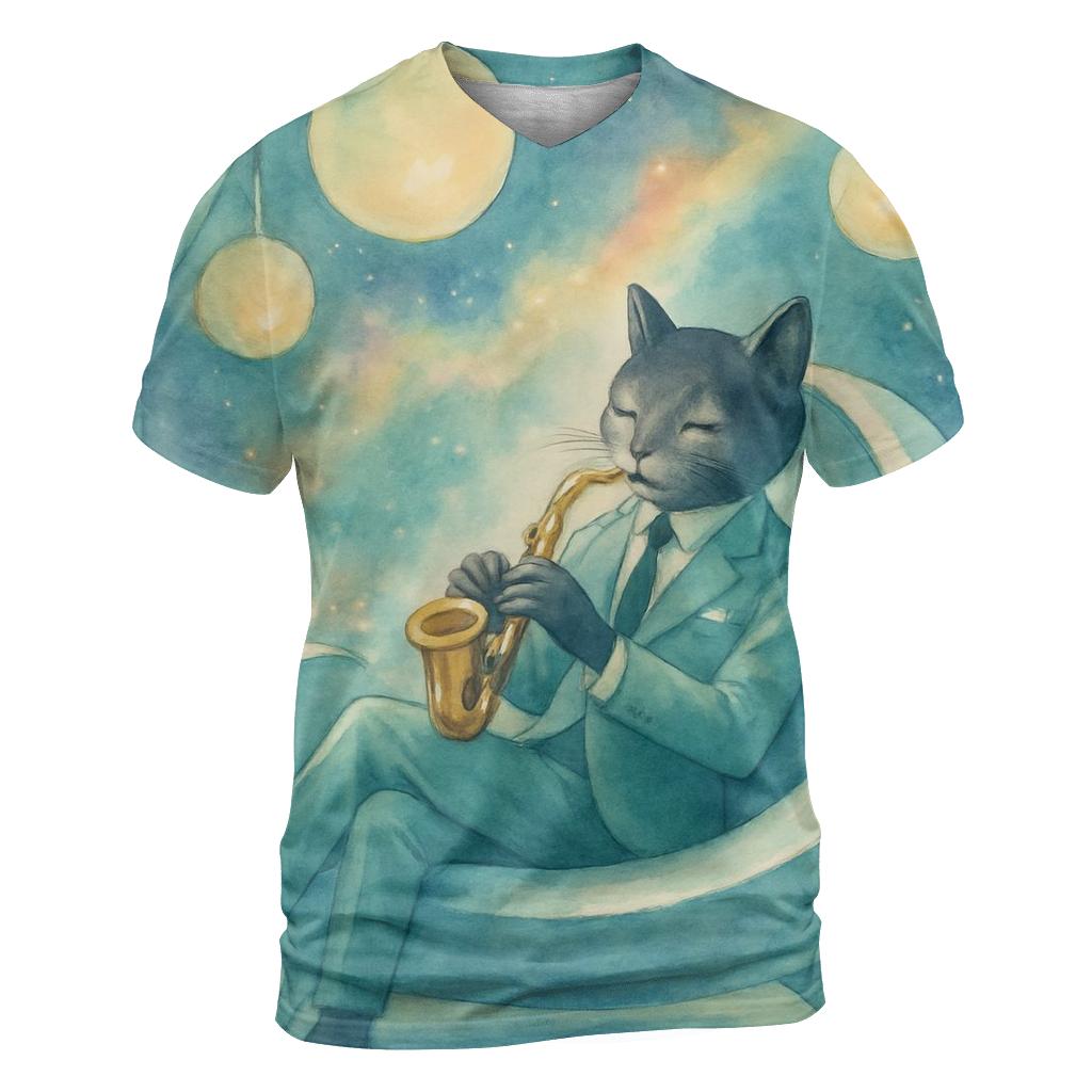 Galactic Lounge Jazz Cat artistic all-over print tops