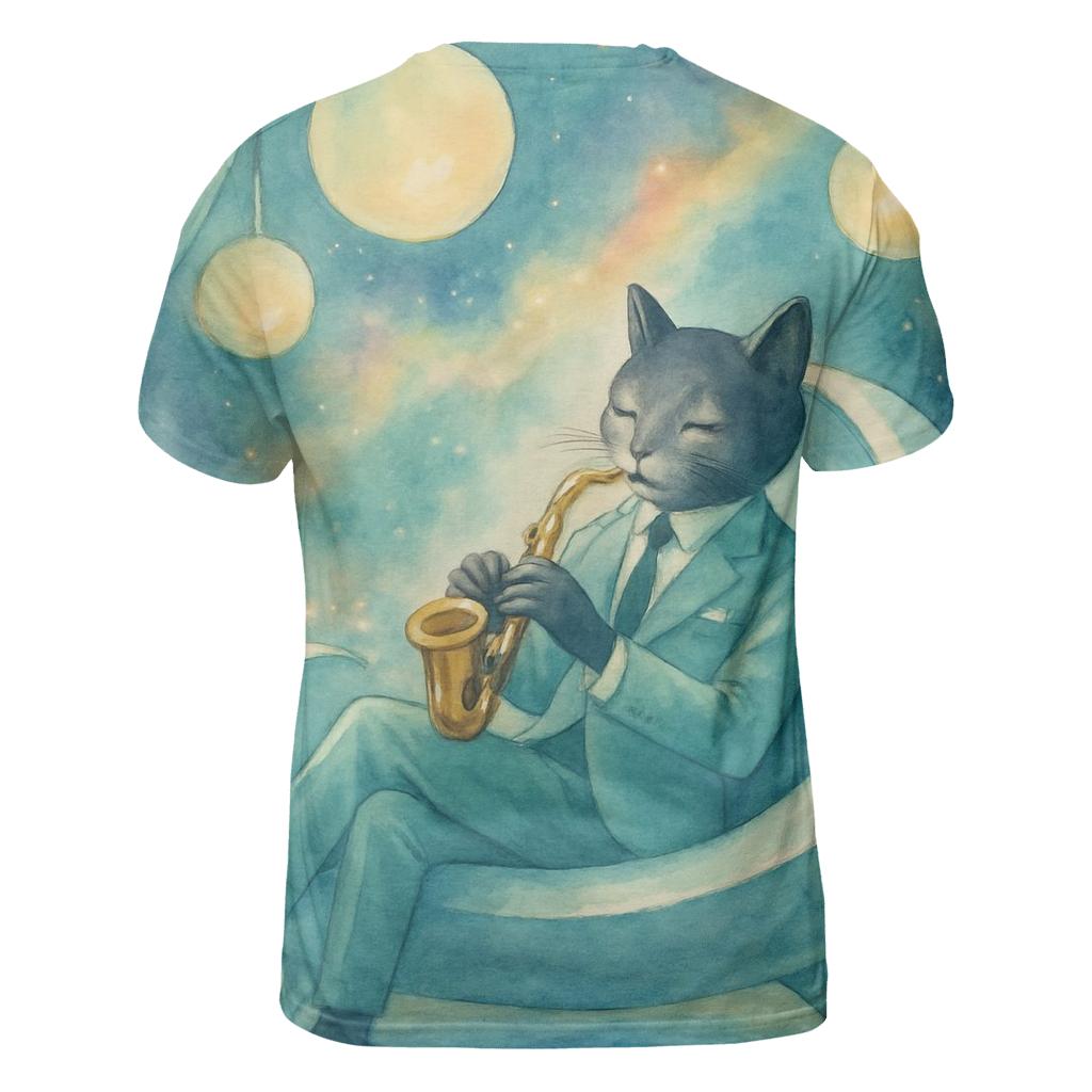 Galactic Lounge Jazz Cat artistic all-over print tops