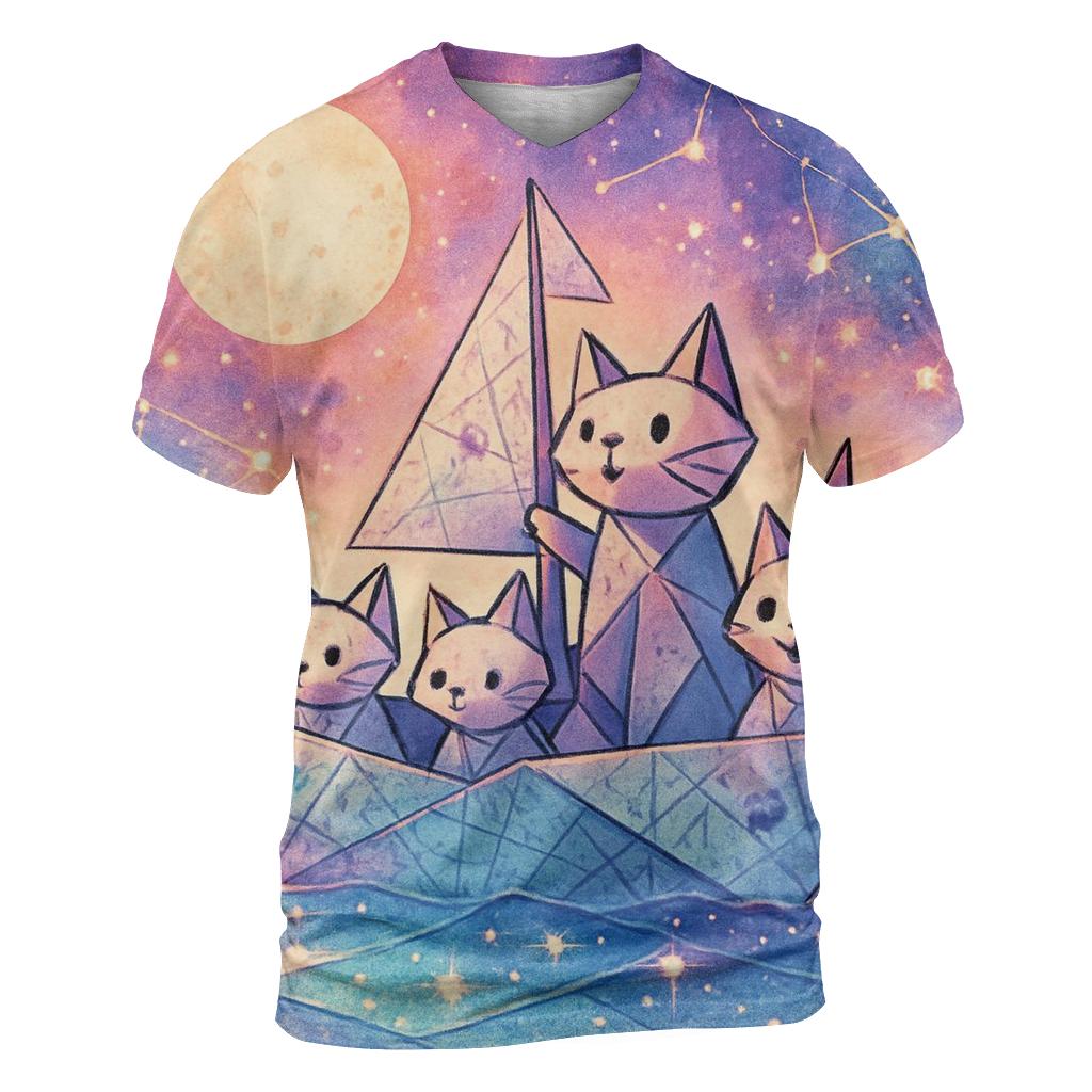 Starlit Origami Cat Crew creative print fashion shirts