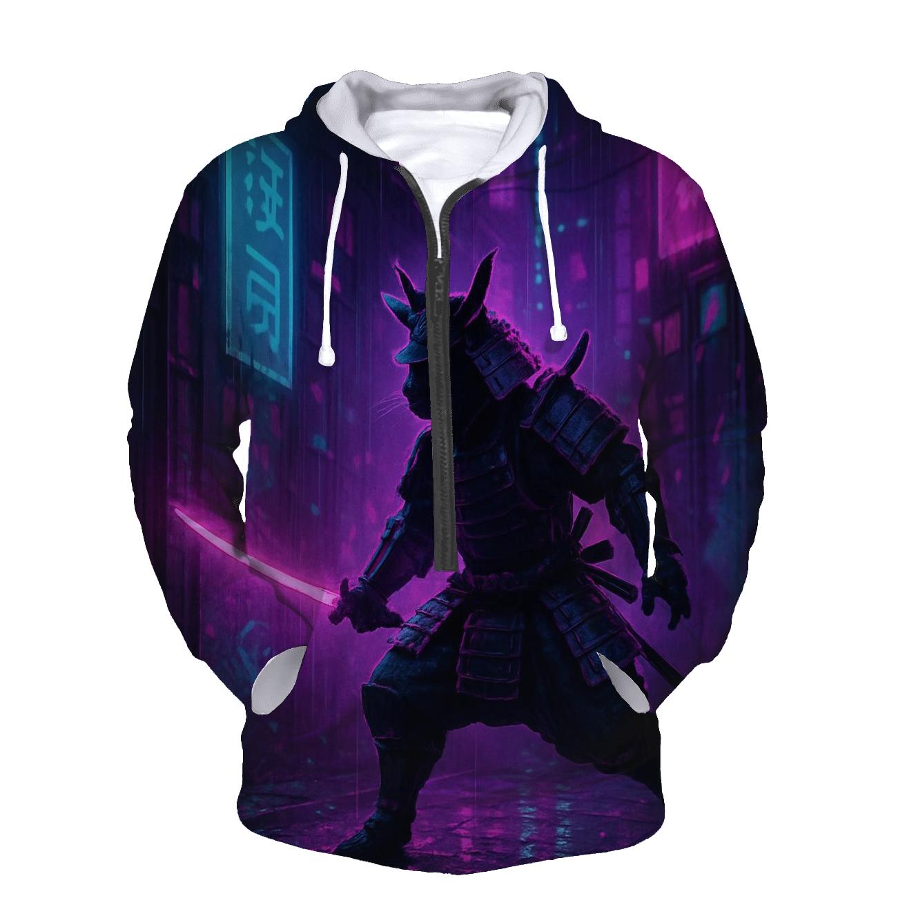 Neon Alley Samurai Cat zip-up hoodies