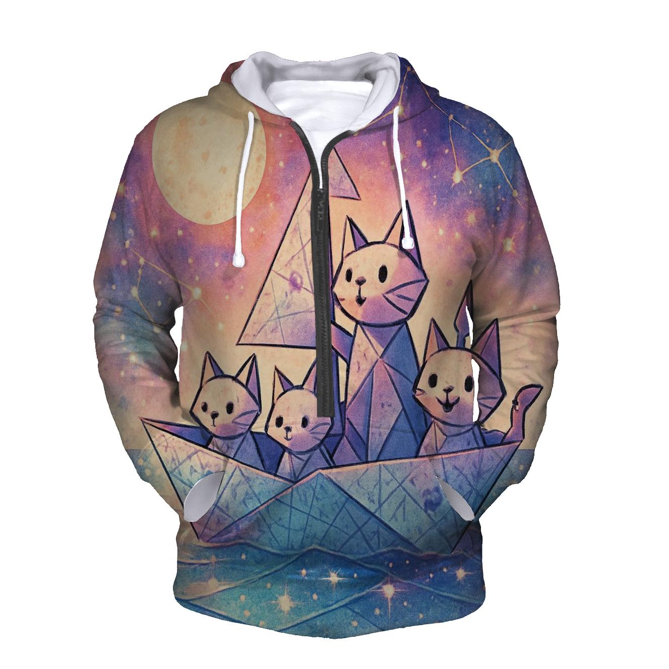 Starlit Origami Cat Crew zip-up hoodies