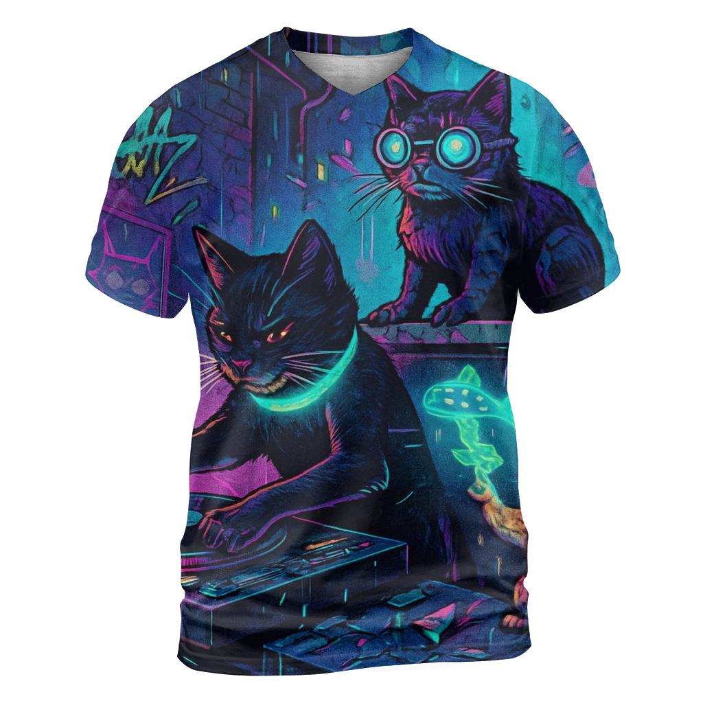 Neon Alley Whisker Crew vibrant all-over design tees
