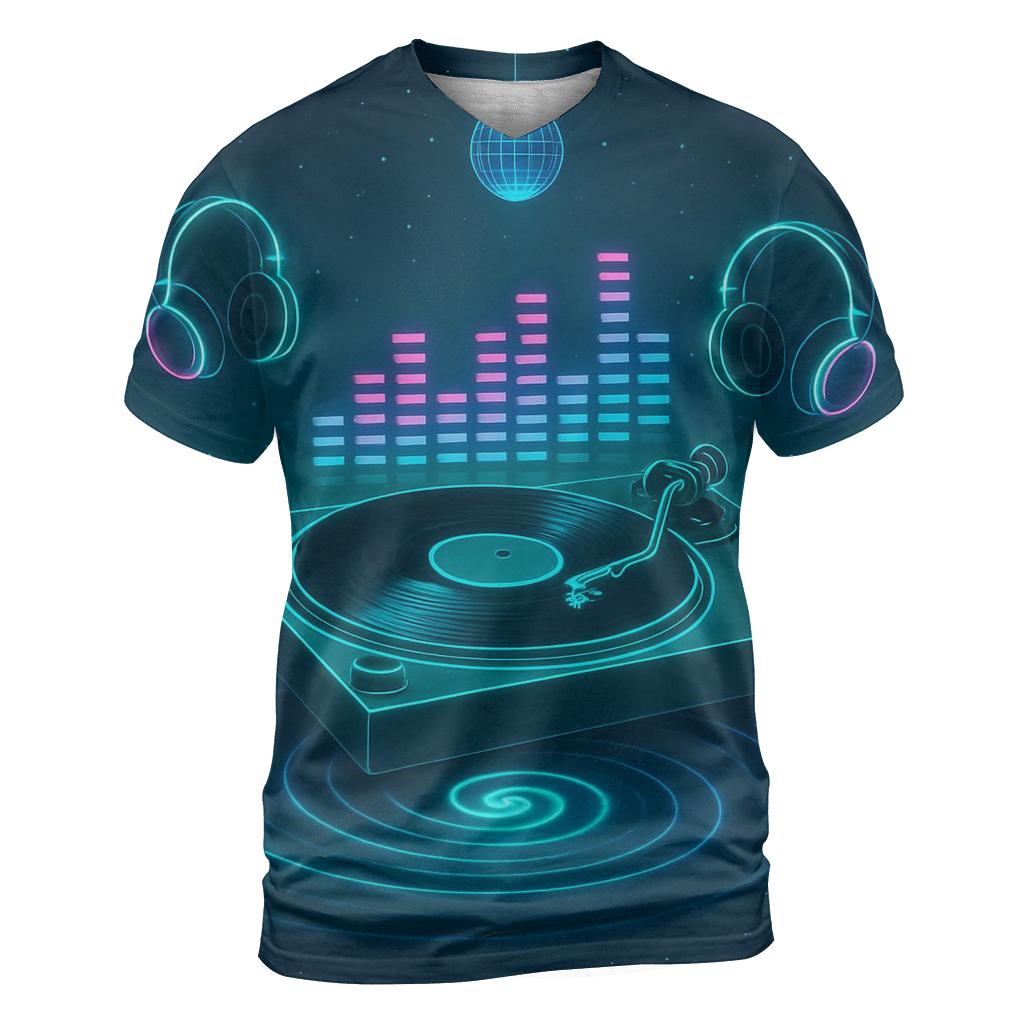 Neon Turntable Odyssey artistic all-over print tops