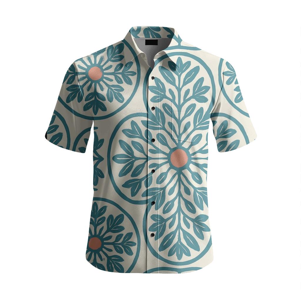 Teal Botanical Medallion Repeat embroidered logo shirts