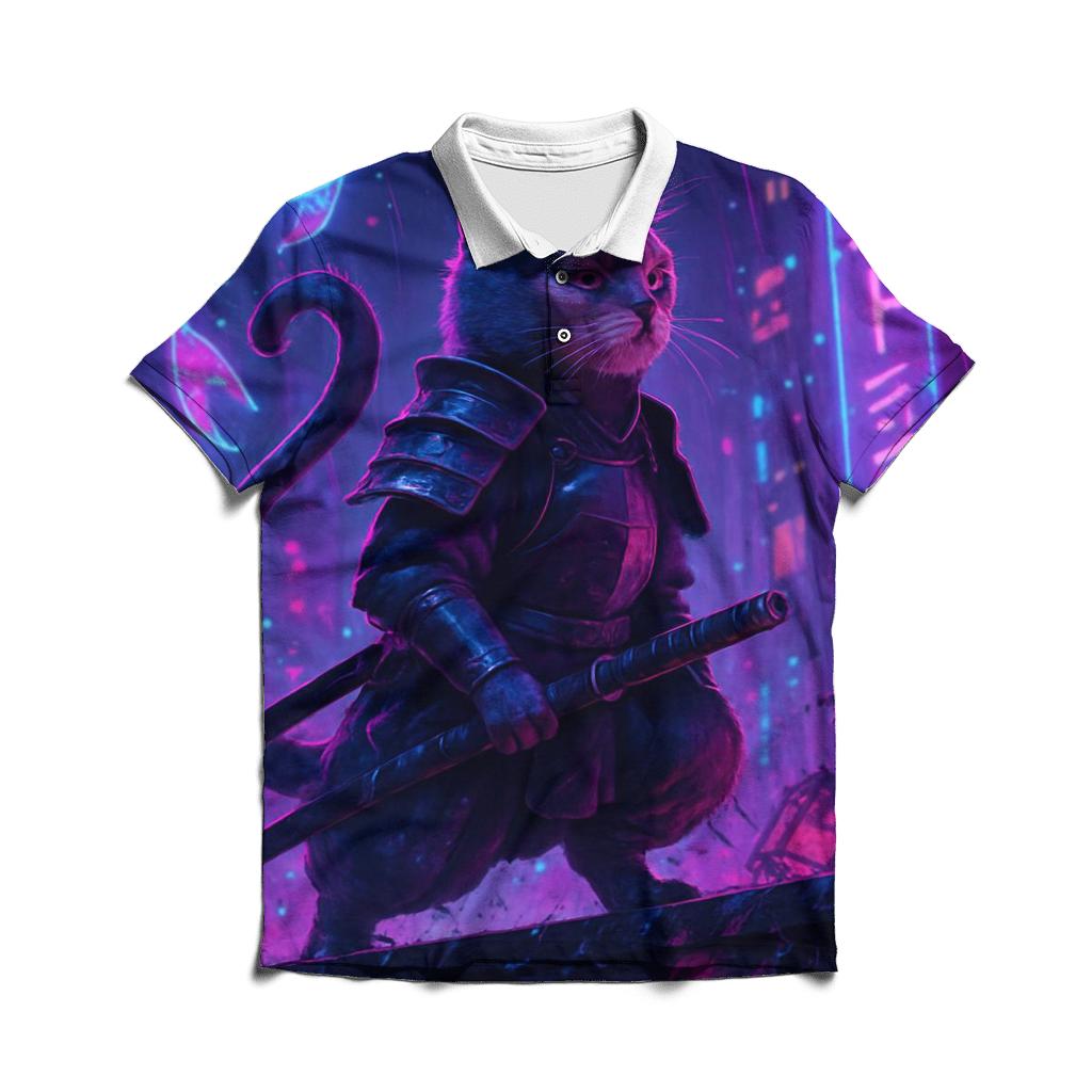Neon Alley Samurai Cat embroidered polo tops