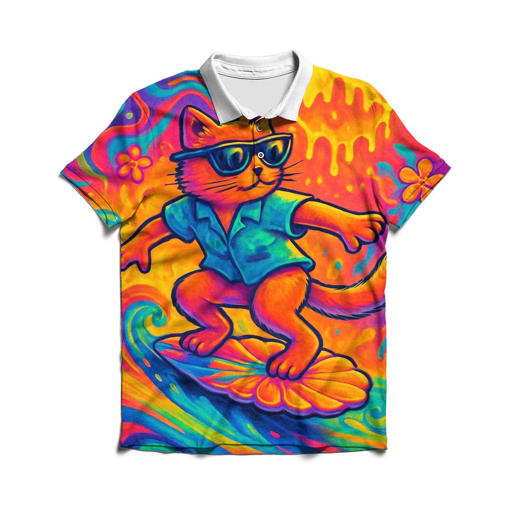 Psychedelic Surf Cat designer slim fit polos