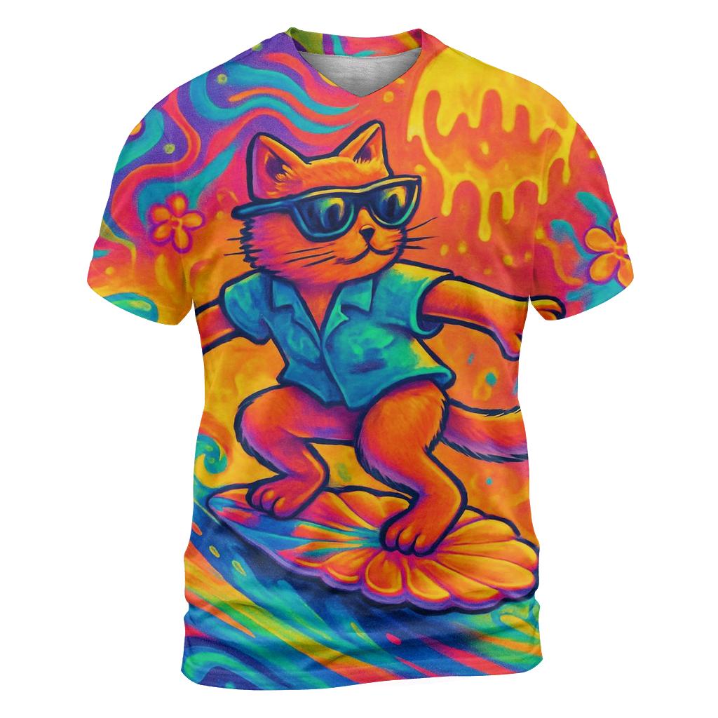Psychedelic Surf Cat trendy printed shirt styles