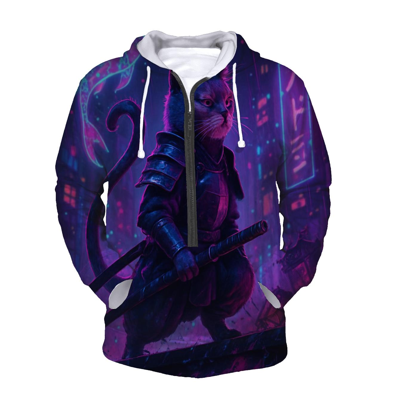 Neon Alley Samurai Cat premium hoodies