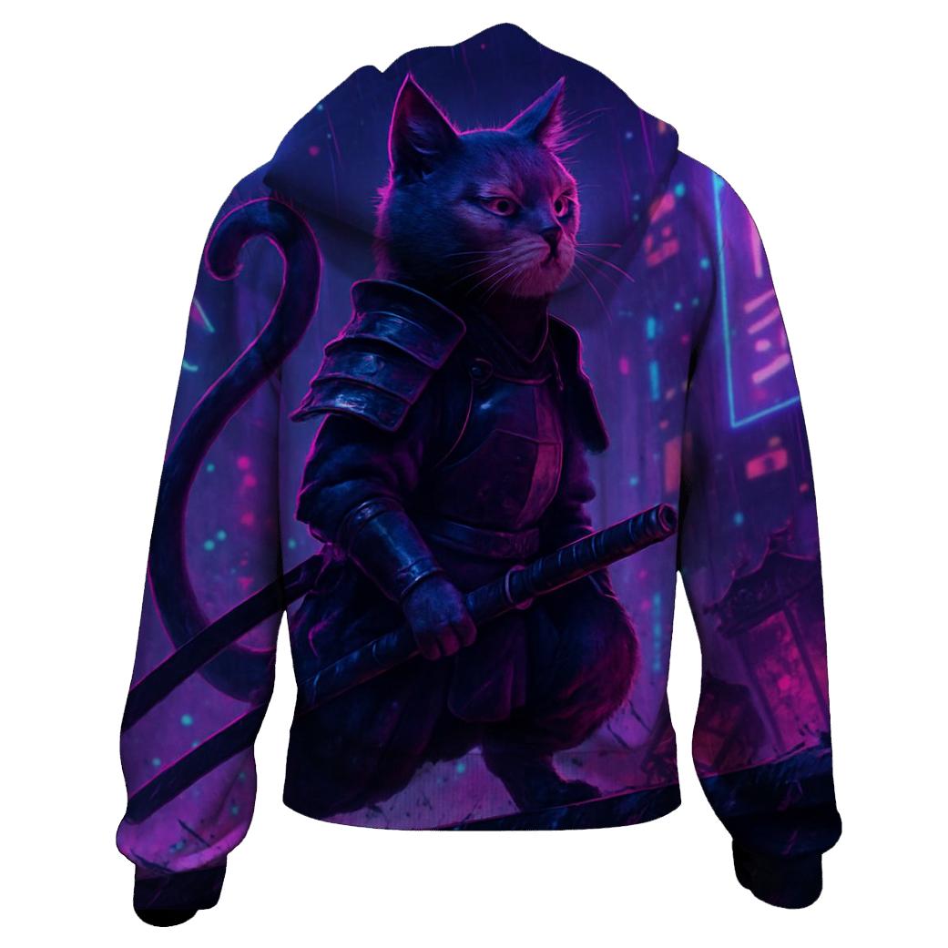 Neon Alley Samurai Cat printed hoodies