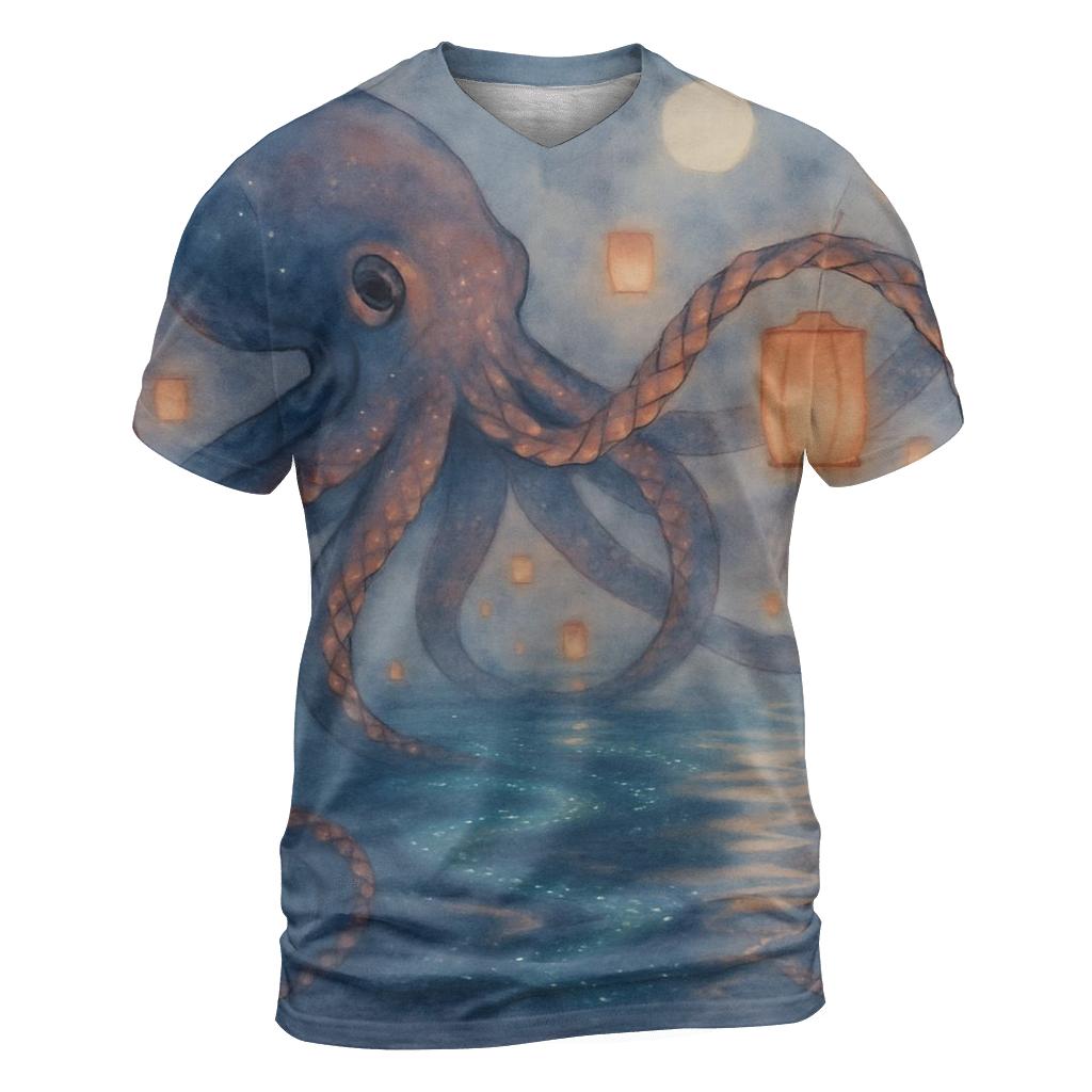 Random Lantern Kraken artistic all-over print tops