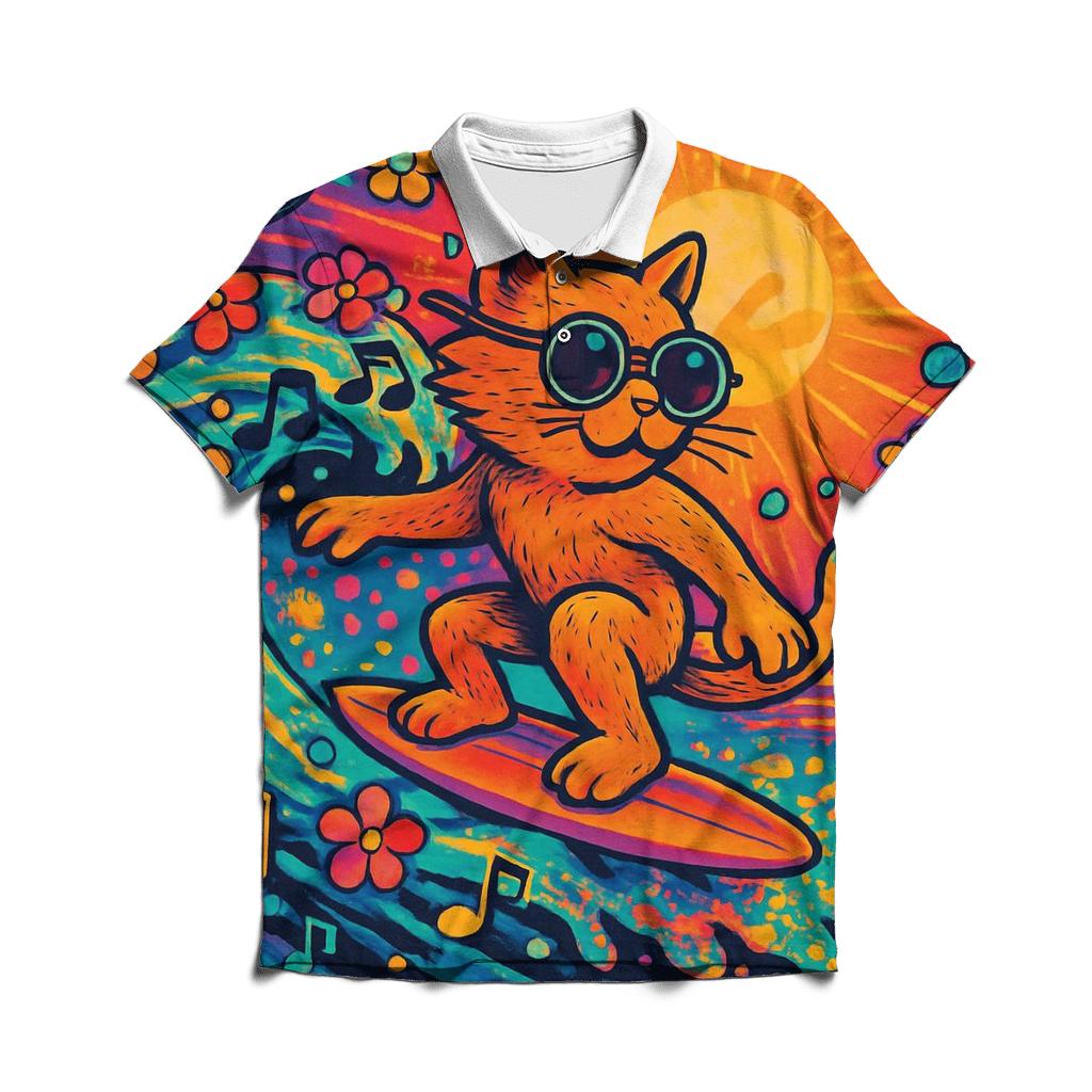 Psychedelic Surf Cat designer slim fit polos
