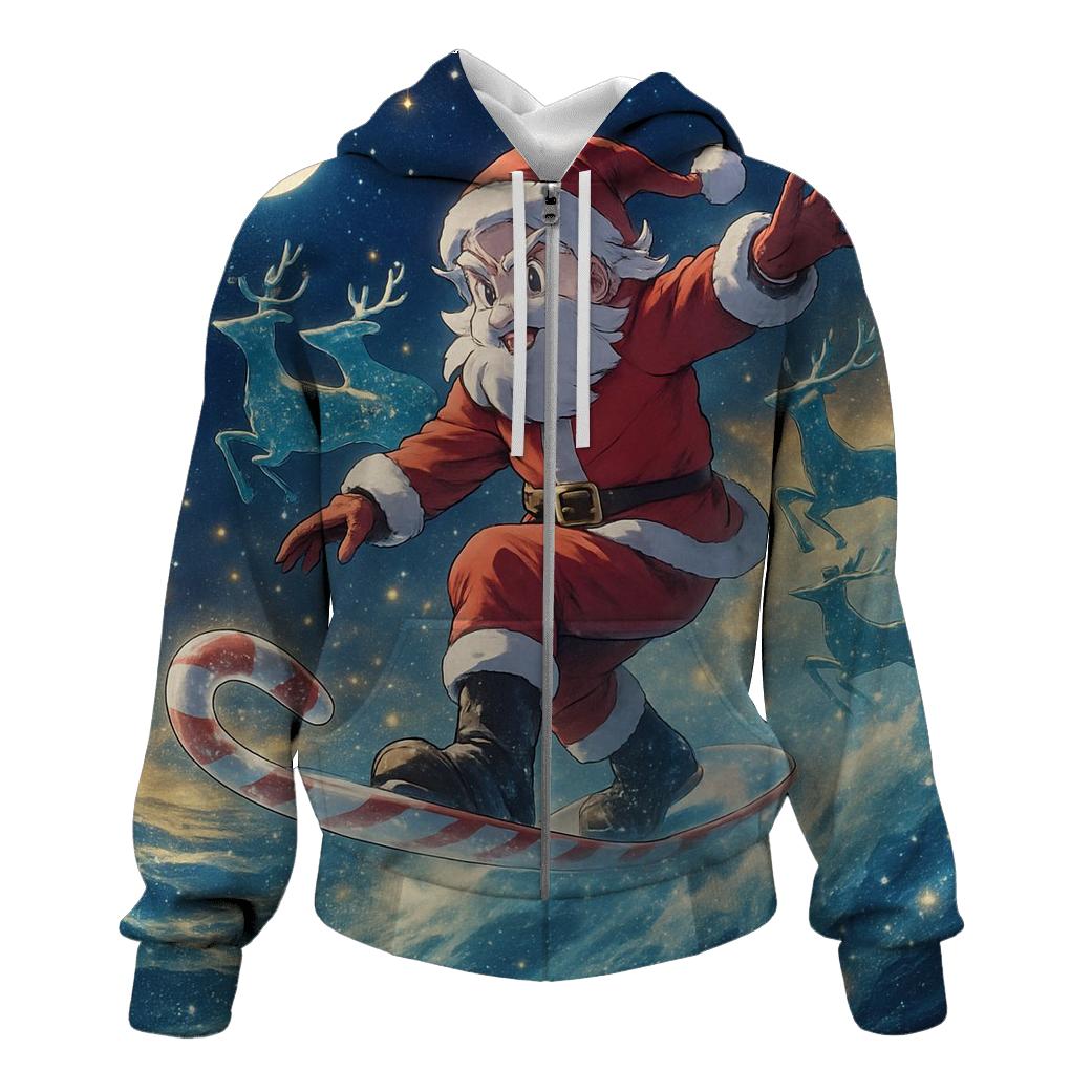 Starlit Surfing Santa embroidered hoodies