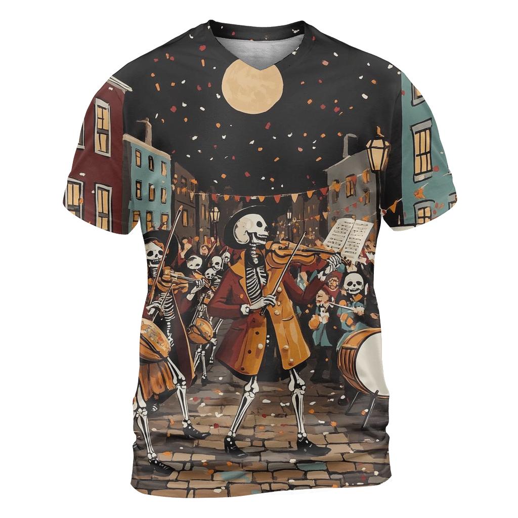Skeleton Street Musician Parade statement graphic shirts