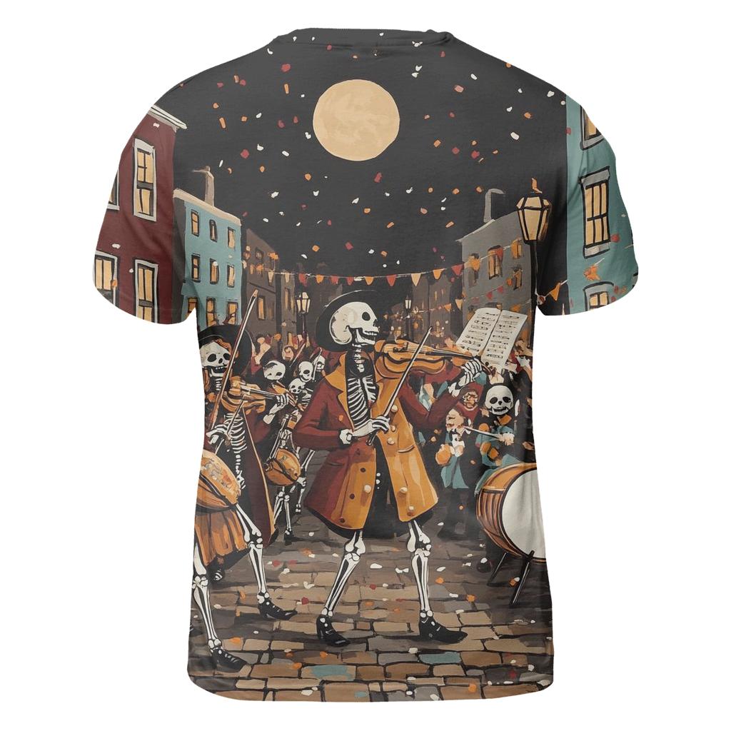 Skeleton Street Musician Parade statement graphic shirts