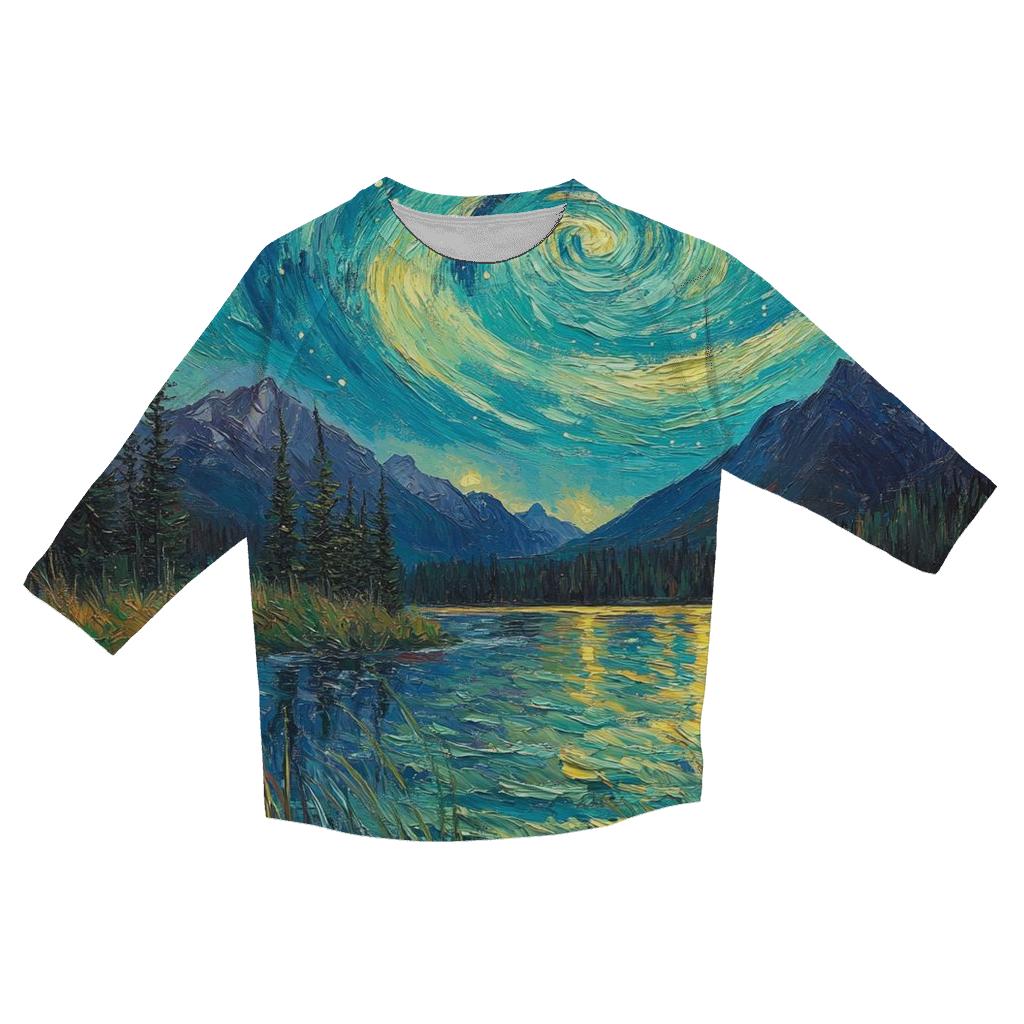 Van Gogh Inspired Aurora Over Mountain Lake cotton quarter sleeve shirts