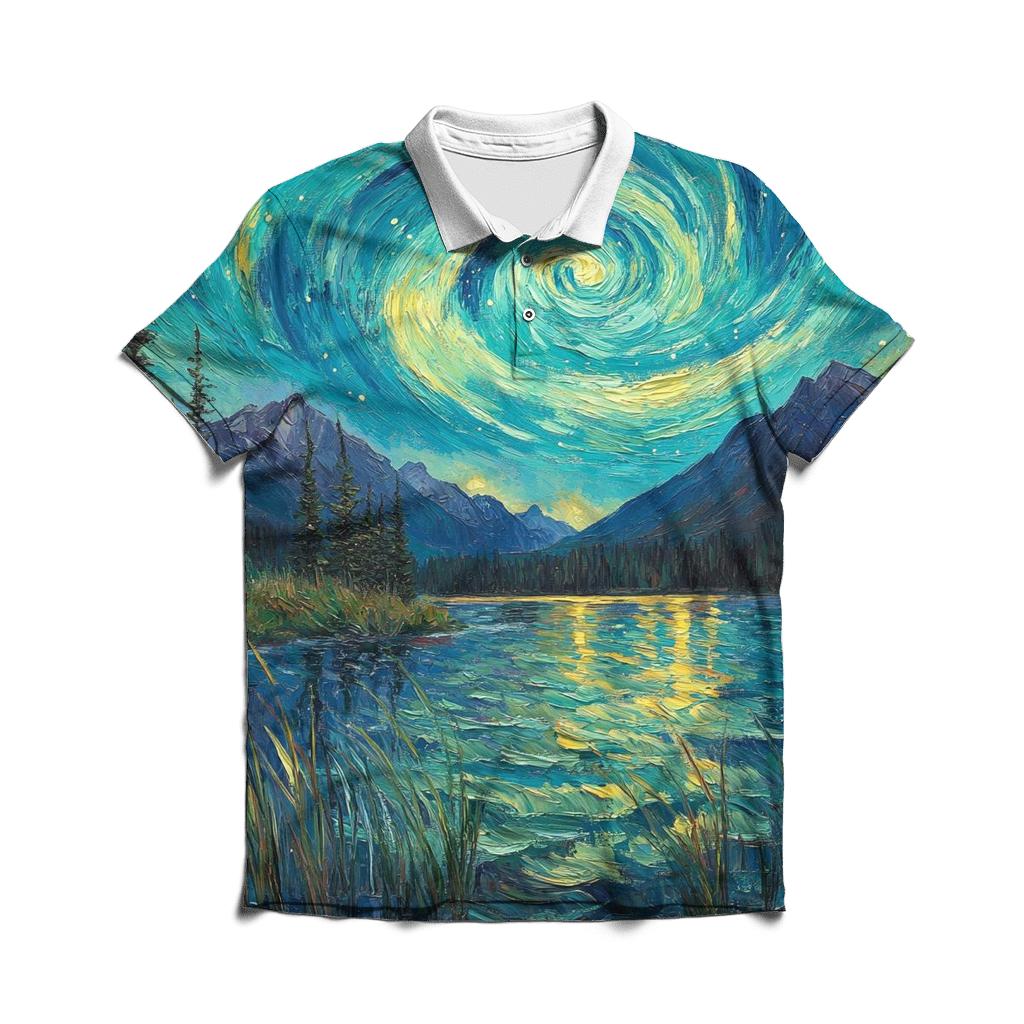 Van Gogh Inspired Aurora Over Mountain Lake designer slim fit polos
