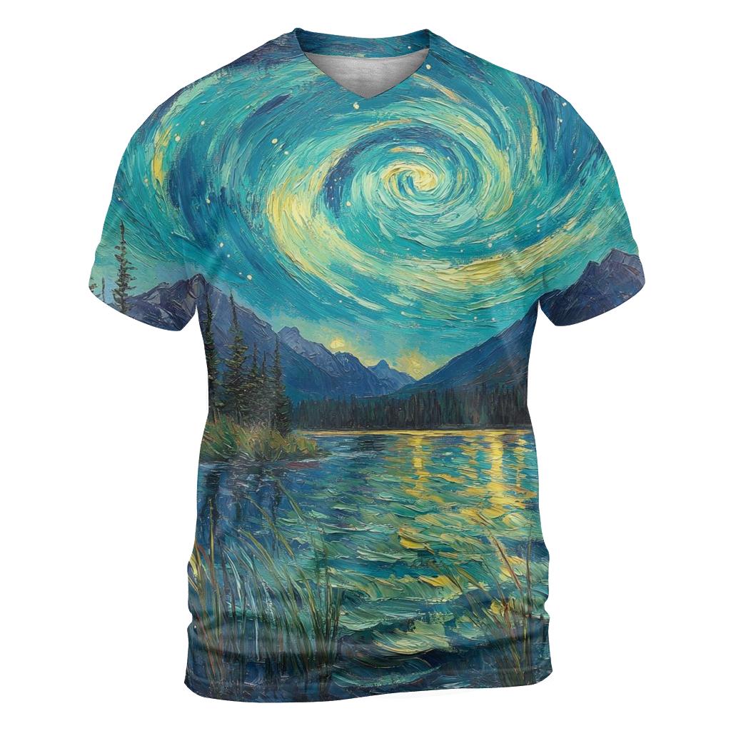 Van Gogh Inspired Aurora Over Mountain Lake designer pattern shirts