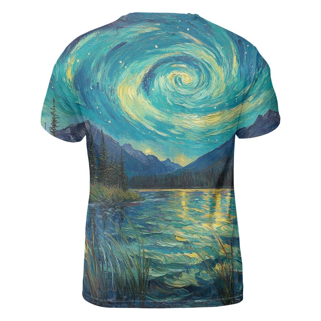 Van Gogh Inspired Aurora Over Mountain Lake designer pattern shirts