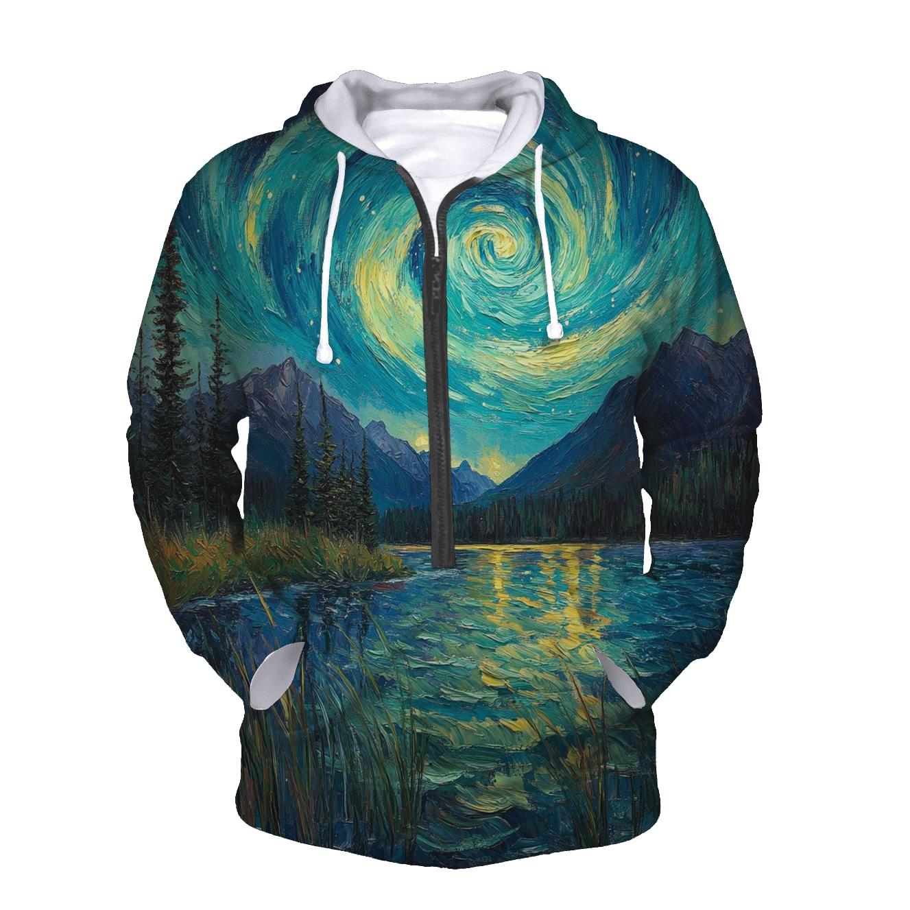 Van Gogh Inspired Aurora Over Mountain Lake printed hoodies