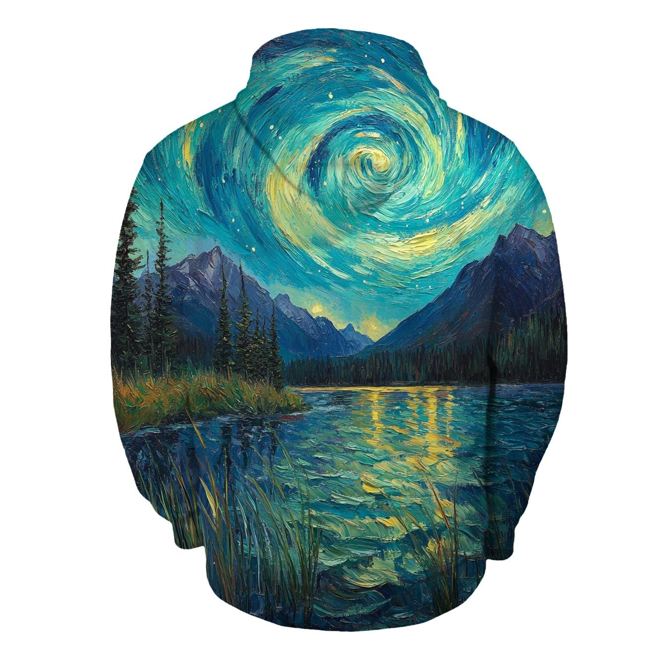 Van Gogh Inspired Aurora Over Mountain Lake printed hoodies