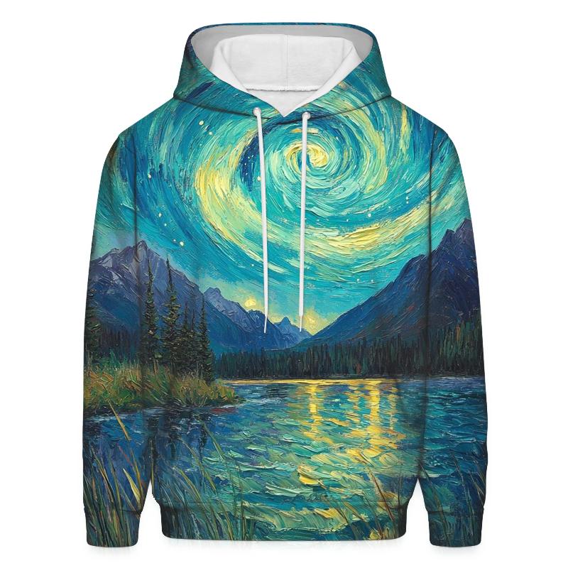 Van Gogh Inspired Aurora Over Mountain Lake hoodies fashion