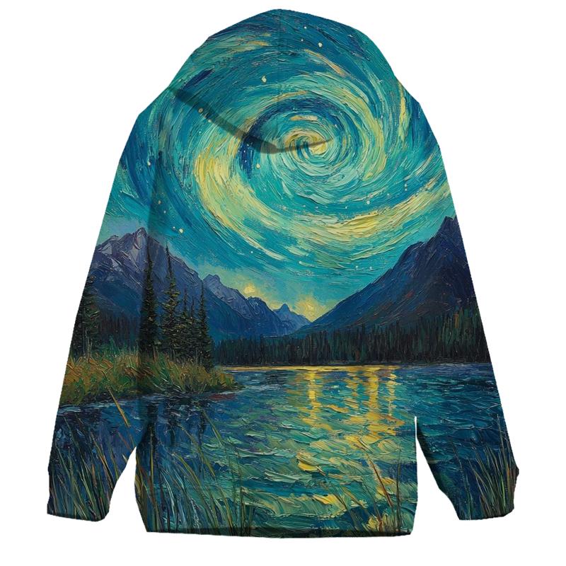 Van Gogh Inspired Aurora Over Mountain Lake hoodies fashion